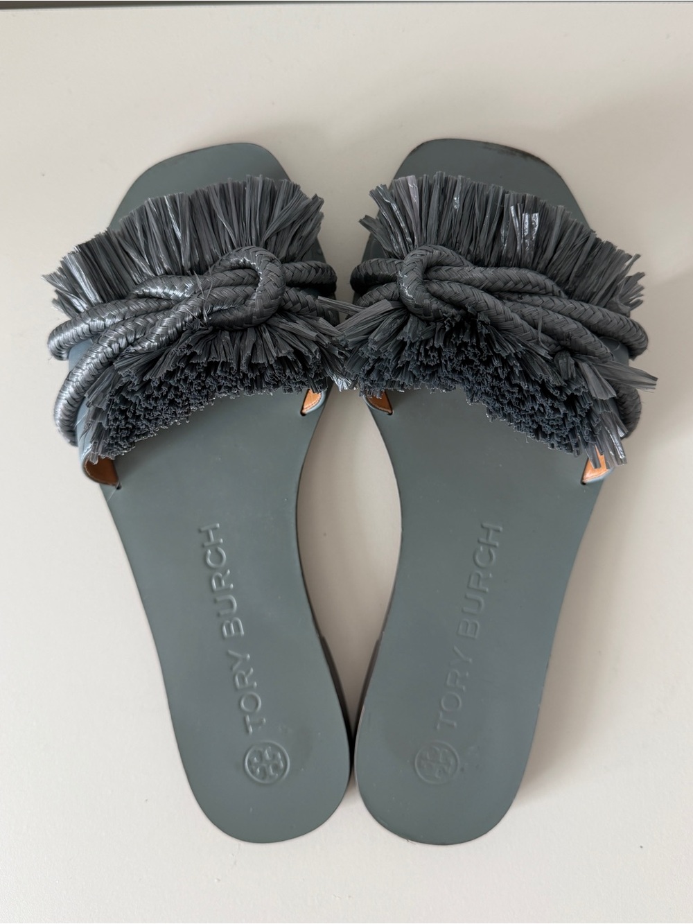 Tory Burch Charcoal Fringe Knot Slide Sandals